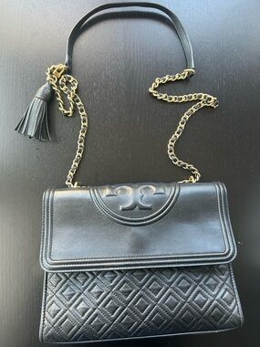 Tory Burch Black Quilted Leather Shoulder Bag with Gold Chain